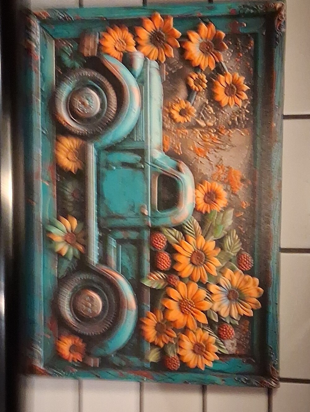 Turquoise Vintage Truck Wall Art with Orange Sunflowers